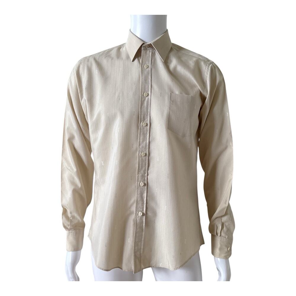 Yves Saint Laurent Dress Shirt Mens 15.5 34-35 Beige Logo Jacquard Long Sleeve